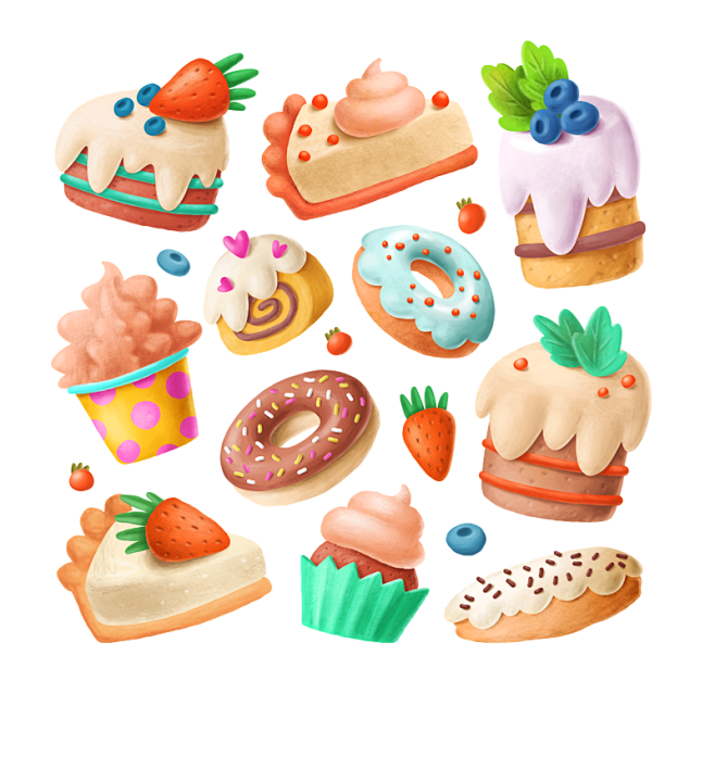 高清甜甜圈甜品面包蛋糕卡通手绘糕点插图_...