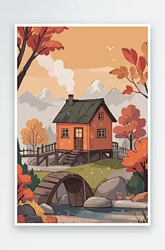 卡通秋季山间小木屋景色插画