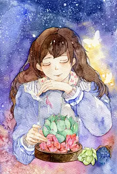 萌肉心-浮岛鲸_插画 水彩 少女 多肉_涂鸦王国插画