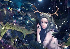 麋鹿-白娅_原创,厚涂,写实,奇幻,植物_涂鸦王国插画