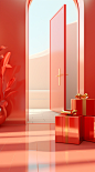 Red door and gold gift and present, in the style of clemens ascher, spatial concept art, yanjun cheng, light-filled compositions, high detailed, interior scenes, cartoon compositions