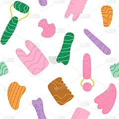 手绘刮沙刮刀，面辊，按摩器无缝模式。自我护理，面部抗衰老水疗工具在孤立的背景下。纺织品印花，织物，包