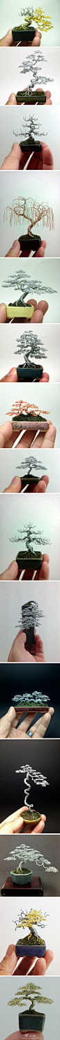 Ebay tree：美国艺术家Ken To使用各色细小钢丝制作了这些别出心裁的微型盆景，其精致程度与意境都让人感到佩服。一般一个作品会消耗5~6米的钢丝，以及3小时的制作时间。钢丝被艺术家灵巧的塑造成生动的枝叶造型，有机的生命被无机的金属所深刻体现。http://t.cn/zTfbyBS
