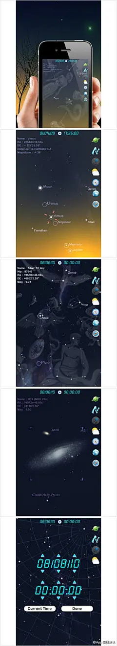 神秘星空：Star Rover【浪漫观星】，适用于iPhone。揣着爱疯，带上心爱的人去西藏看星星吧！观测星象的软件，配合实时的星象，根据定位系统或者用户自己设定的经纬度来寻找88个星座，软件还提供白天和夜晚两种模式，很是浪漫！下载： http://t.cn/zlyK0ju
