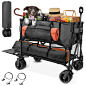 HOPERAN 54" Double Decker Wagon Cart with Wheels Foldable, 400L Large Capacity Collapsible Wagon, 550LBS Load Heavy Duty Wagons Carts Foldable, Extra Long Folding Wagon, Beach Wagon for Camping（Black）