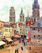 印象派画家卡米耶·毕沙罗油画风景作品《鲁昂的街边杂货店》