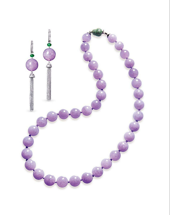 天然紫罗兰翡翠珠链搭配沙弗莱石链扣及耳环...