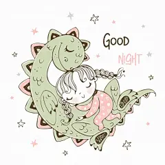 可爱的小女孩和她的宠物恐龙睡觉，手绘小清新T恤印花插画矢量图设计素材