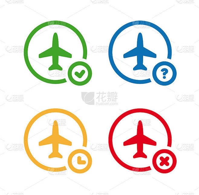 航班状态图标。机场信息符号集。准时，未知，延误，取消。