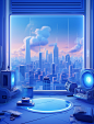 a blue environment with a tv, speakers and tv, in the style of dreamy, romanticized cityscapes, rounded, uhd image, ue5, pop-inspired, smokey background, lively illustrations