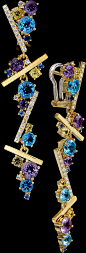 18K Diamond, Sapphire & Amethyst Earrings: 