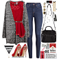 A fashion look from September 2014 featuring red top, long sleeve cardigan and high rise jeans. Browse and shop related looks.