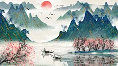 中国风古风水墨山水画意境海报背景