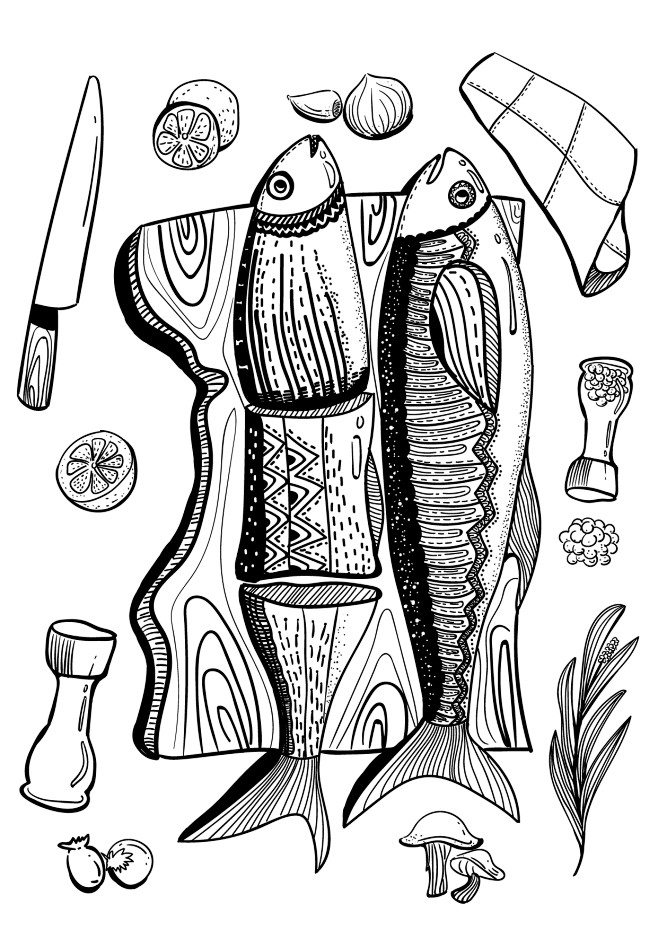 黑白线描鱼  手绘食物 插画食物