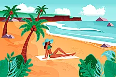 手绘人物夏季沙滩旅游风景插画海报