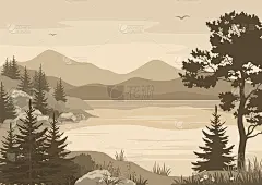 山川风景，湖泊，树木和鸟类