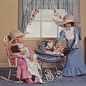 Two girls dressed up playing with baby dolls