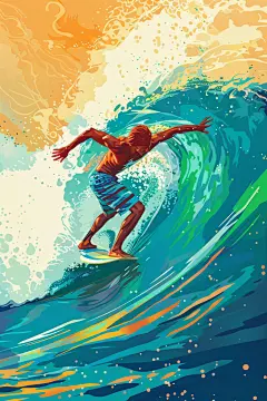 扁平风冲浪自然夏天插画