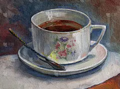 画肌理油画静物，一杯茶，画彩色形象