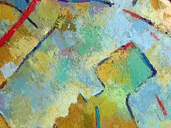 生动的抽象极简主义绘画背景与混合油漆纹理。画有红色线条和浅蓝色斑点的艺术品。