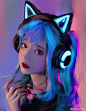Anime 3000x3861 looking at viewer blue hair headsets headphones cat ears