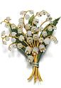 Rock crystal, nephrite and diamond brooch, 1960s Designed as a bouquet of Lilly of the Valley, with carved rock crystal flowers, enhanced with brilliant- and single-cut diamonds, with carved nephrite leaves, one diamond deficient.: 