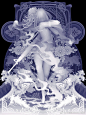 艺术家仅用蓝黑白三个色调就创作出荧光色的三维效果作品，画中的女孩像鬼魂般飘渺灵异 ，并结合魔法阵、鬼火、武器等元素为作品增加了死亡和暴力的黑暗气氛。| 日本艺术家 Kazuki Takamatsu（高松和树）