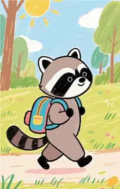 可爱小浣熊背书包上学插画