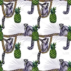 水彩热带野生动物无缝图案。手绘丛林自然，狐猴，木槿花插画。印刷纺织品，布料，墙纸，剪贴簿