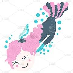 儿童海报插图，幼儿园设计，漂浮的小美人鱼女孩与粉红色的头发辫子和泡沫在白色背景贴纸。向量。