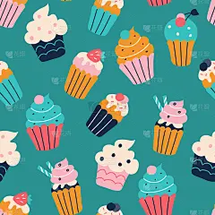 一套色彩鲜艳的扁平涂鸦风格的纸杯蛋糕。向量无缝模式。墙纸、包装纸设计、面料