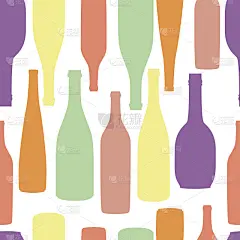 无缝图案包装纸与不同形状的彩色酒瓶。平面设计说明
