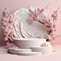 3d podium white cherry blossom background. Japanese style 3D background for product presentation. 3d rendering illustration.