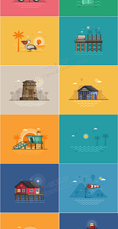 扁平夏日海滨海滩主题度假旅游卡片海报插画模板EPS矢量设计素材-淘宝网