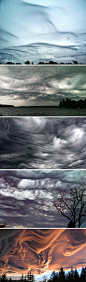波状粗糙云(Undulatus asperatus) 是一种2009年被气象学界提出的云，看上去犹如从海底仰望发光的惊涛骇浪，“波诡云谲”四个字简直就是为它造的。 对流层的云由于受到上升气流的托举，一般会底面平坦，波状粗糙云却有着起伏波动的底面，猜测它与“重力波”有关：两层流体的界面发生扰动后受重力影响逐渐恢复的波就是重力波，比如海浪就是海水和大气交界面上发生的重力波。而美国的大平原上常常出现底层空气沉重稳定，上层空气快速流过的情形，这种云就格外多见。 具体怎样，还在研究中。