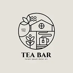 带有茶叶和房屋插图的茶和咖啡店标志线