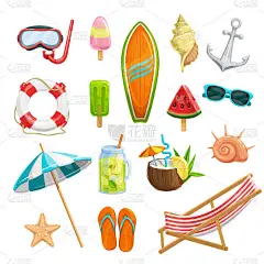 病媒设置夏季图标。潜水面具，西瓜，冲浪板，贝壳，海星，海滩伞，翻筋斗，冷冻果汁，柠檬水，救生圈和锚。