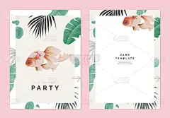 植物派对邀请卡模板设计，金鱼装饰热带树叶，蜡笔复古风格