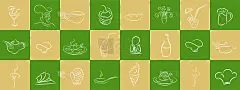 矢量收集手绘图标的餐厅或咖啡馆。设置饮料和食物
