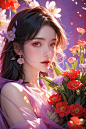  1girl, long hair, flower, Lisianthus, in the style of red and light azure, dreamy and romantic compositions, red, ethereal foliage, playful arrangements, fantasy, high contrast, ink strokes, explosions, over exposure, purple and red tone impression, abst