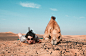man and camel lying on ground