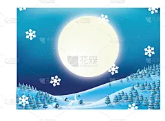圣诞夜景观矢量概念。落雪夜圆月。