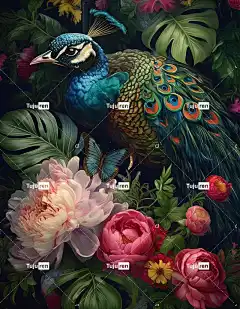 Ai产生的 孔雀 鸟 羽毛 花朵 植物 丰富多彩的 自然 画画