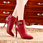 新款红色婚鞋超高跟女鞋冬季马丁靴女英伦短靴女靴细跟尖头短筒靴 #女人# #英伦# #复古# #小清新#