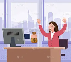 成功快乐的女商人从电脑屏幕上收到一袋钱。网上赚钱，财务成功，中彩票。矢量插画平面卡通风格