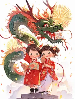 中国小朋友、龙和烟花在一起，手绘年画，白色背景，在风格上交织