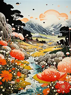 富有想象力的奇幻风景插画海报金黄色蘑菇