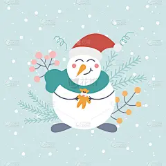 可爱的雪人在圣诞老人的帽子和一个玩具，在一个轻的背景与雪花和装饰元素。圣诞贺卡，海报，儿童插图，冬天