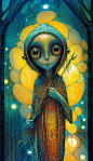 closeup extremely loveable whimsical flamboyant mischievous beautiful psychedelic carnival Cajun Space Squid sci-fi droid, by Tim Burton and Beksinski, stained glass, Klimt, Junji Ito, stylized, pattern, vibrant, vivid