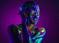 People 3734x2725 women neon purple background body paint colorful closed eyes bare shoulders face